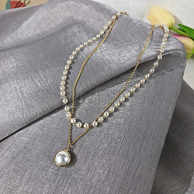 Alloy & Plastic Imitation Pearl Double Layer Necklaces WG1127D-01-1