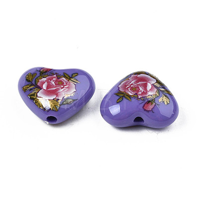 Flower Printed Opaque Acrylic Heart Beads SACR-S305-28-M04-1