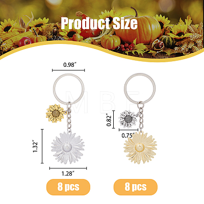 16Pcs 2 Colors Sunflower Alloy Pendant Keychain KEYC-FH0001-34-1