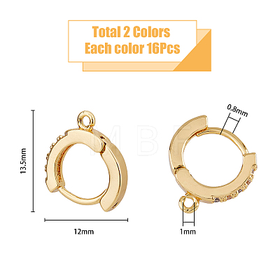 16Pcs 2 Colors Brass Micro Pave Cubic Zirconia Huggie Hoop Earring Findings KK-DC0002-76-1