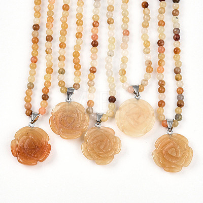 Natural Topaz Jade 4.5mm Round Beaded Flower Pendant Necklaces NJEW-T016-04N-1