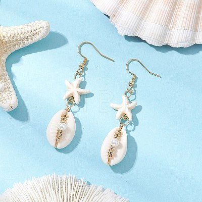 Star with Shell Shape Synthetic Turquoise Beads Dangle Earrings EJEW-JE06398-02-1