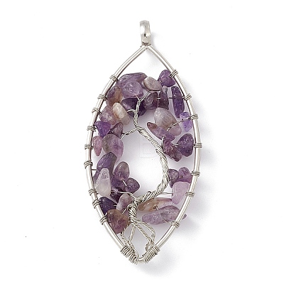 Leaf Natural Amethyst Copper Wire Wrapped Chip Big Pendants G-E195-01P-02-1