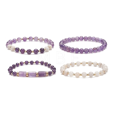 4Pcs 4 Style Natural Amethyst & White Crazy Agate & Brass Beaded Stretch Bracelets Set BJEW-JB08998-1