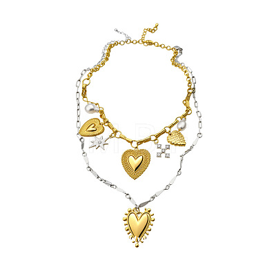 Alloy Rhinestone & Iron Heart Pendant Double Layer Necklaces for Women WG7EE33-01-1