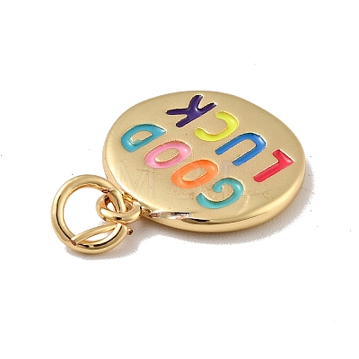 Flat Round with Word Good Luck Brass Enamel Pendants X-KK-G419-27G-1