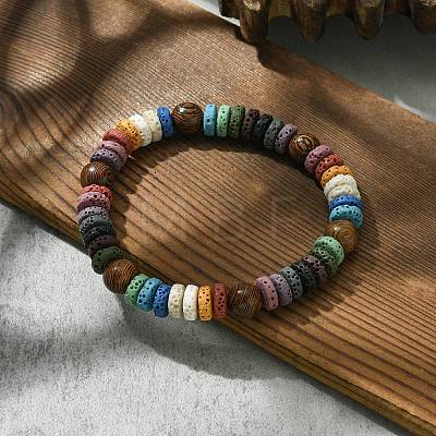 Dyed Natural Lava Rock Disc & Wood Beaded Stretch Bracelet BJEW-JB09799-1