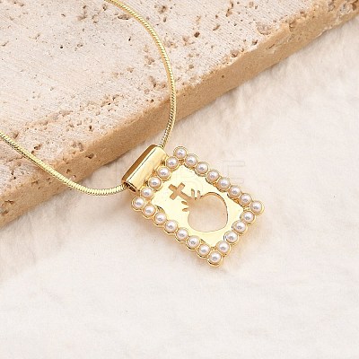 Brass & Plastic Imitation Pearl Hollow Heart Cross Rectangle Pendant Snake Chain Necklaces for Women NJEW-Z053-02G-01-1