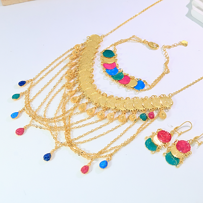Fashion Brass Teardrop Tassel Coin Earrings & Necklace & Bracelet Sets for Women VY0534-1