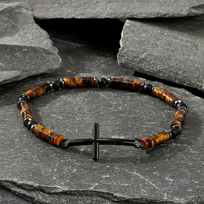 Natural Tiger Eye Flat Round Beads Link Bracelets RC8378-1-1