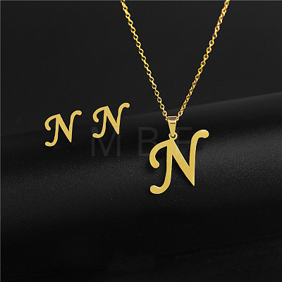 304 Stainless Steel Letter Pendant Necklaces & Stud Earrings Sets WG4BFDA-14-1