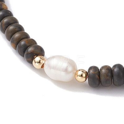 Natural Coffee Jasper Rondelle & Pearl Beaded Stretch Bracelets BJEW-JB09918-02-1