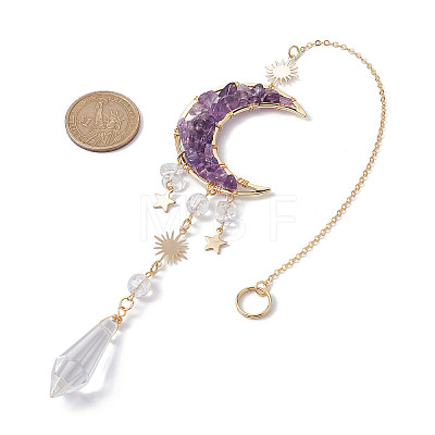 Natural Amethyst & Quartz Crystal Chip Pendant Decorations with Brass Moon & Cable Chain HJEW-JM01645-1