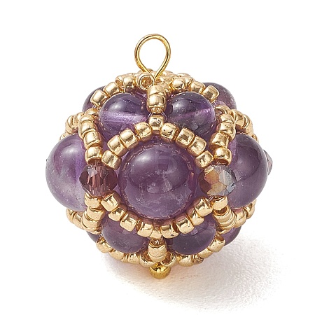 Natural Amethyst and Glass Seed Beaded Cluster Pendants PALLOY-MZ01334-03-1