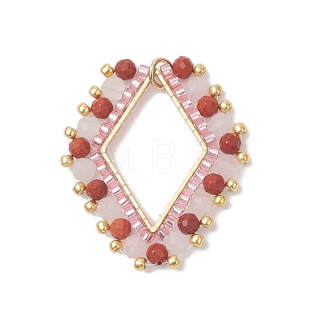 Natural Red Jasper & Rose Quartz Faceted Round and Glass Seed Beaded Pendants PALLOY-MZ01167-02-1