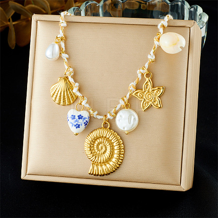 Ocean Theme 304 Stainless Steel & Natural Cowrie Shell & Porcelain Multiple Pendant Necklaces for Women WG3CDBD-01-1