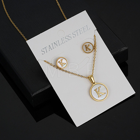 304 Stainless Steel with Natural Shell Pendant Necklaces & Stud Earrings Sets FS-WG5FD70-11-1