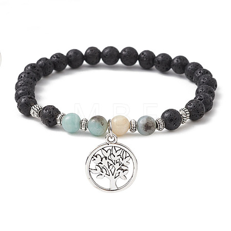 Natural Lava Rock & Natural Flower Amazonite Gemstone Round Beaded Stretch Bracelet BJEW-JB09767-04-1