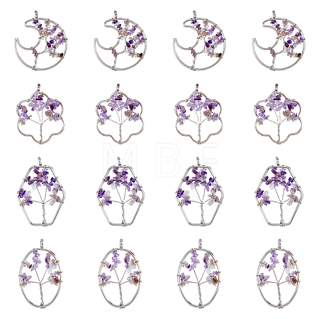 8Pcs 4 Styles Flower & Moon & Oval & Hexagon Natural Amethyst Copper Wire Wrapped Chip Big Pendants G-DC0001-26-1