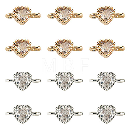 12Pcs 2 Colors Brass Pave Cubic Zirconia Heart Links Connector Charms KK-TA0003-48A-1