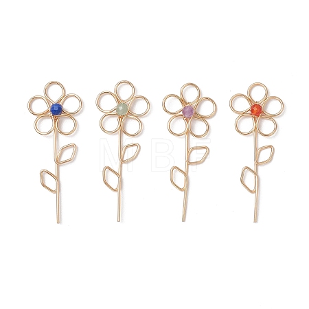 4Pcs 4 Styles Natural Red Agate & Lapis Lazuli & Amethyst & Green Aventurine Faceted Round Bead Copper Wire Wrapped Flower Pendants PALLOY-TA00246-1