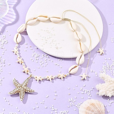 Summer Beach Adjustable Acrylic Starfish Pendant Natural Cowrie Shell & Synthetical Turquoise & Imitation Pearl Beaded Braided Necklaces for Women NJEW-JN06374-1