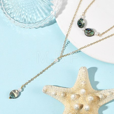 Natural Paua Shell Geometric Y Pendant Brass Double Layered Necklaces NJEW-JN06532-01-1
