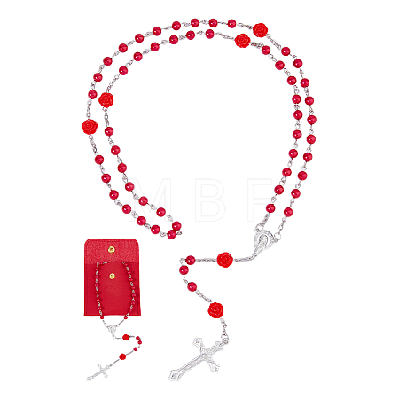 Imitaiton Round Pearl with Resin Flower Rosary Bead Necklaces NJEW-DC0001-23B-1