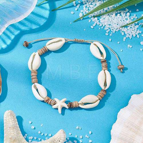 Ocean Theme Adjustable Cowrie Shell & Coconut Braided Bead Bracelets BJEW-JB11461-01-1