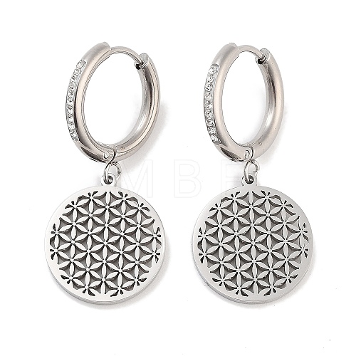 Hollow Flat Round with Flower 304 Stainless Steel Dangle Earrings EJEW-L283-088P-1