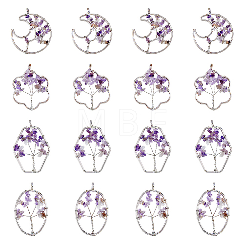 8Pcs 4 Styles Flower & Moon & Oval & Hexagon Natural Amethyst Copper Wire Wrapped Chip Big Pendants G-DC0001-26-1