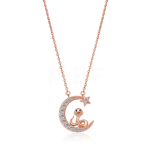 Chinese Zodiac Necklace Snake Necklace 925 Sterling Silver Rose Gold Serpent on the Moon Pendant Charm Necklace Zircon Moon and Star Necklace Cute Animal Jewelry Gifts for Women JN1090F-1