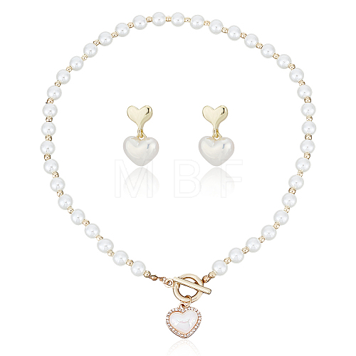 ABS Plastic Pearl Heart Pendant Necklace with Beaded Chains & Dangle Stud Earrings SJEW-AN0001-18-1