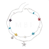 Round Shell Pearl and Starfish Dyed Synthetic Turquoise and Brass Curved Tube Beaded Double Layer Necklaces NJEW-TA00220-4