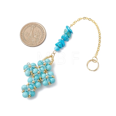 Cross Glass & Synthetic Turquoise Chips Beads Pendant Decorations HJEW-MZ00402-01-1