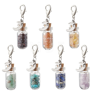 Chakra Natural & Synthetic Gemstone Chips inside Glass Wishing Bottle Pendant Decoration GG-CJBAB5-1