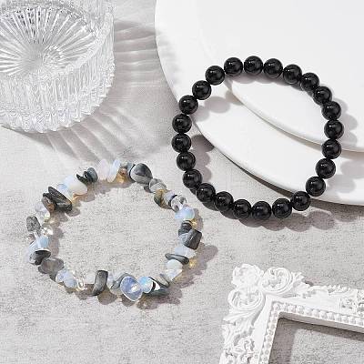 2Pcs 2 Style Opalite Chip & Natural Tiger Eye & Natural Black Onyx Beaded Stretch Bracelets Set BJEW-TA00411-1