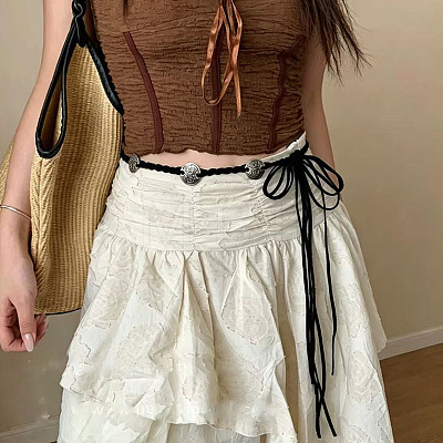 Boho Embossed Floral Alloy Coin Polyester Tie Chain Belts for Women FS-WGDC917-01-1