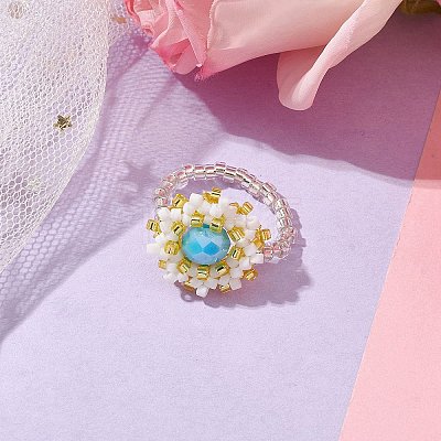 Flower Glass Seed Beaded Stretch Rings for Women RJEW-MZ00022-02-1