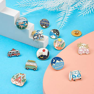 Yilisi 13Pcs 13 Style Flat Round & Car & Moon Alloy Enamel Brooches JEWB-YS0001-07-1