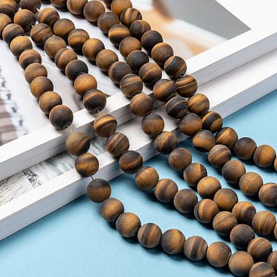 Natural Frosted Tiger Eye Round Bead Strands G-M064-10mm-02-1