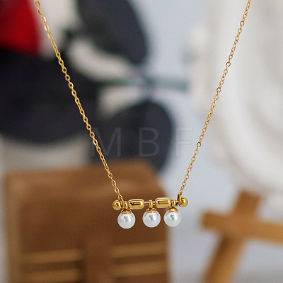 Three Round Glass Pearl Horizontal Bar Pendant 304 Stainless Steel Cable Chain Necklaces for Women WG28E74-01-1