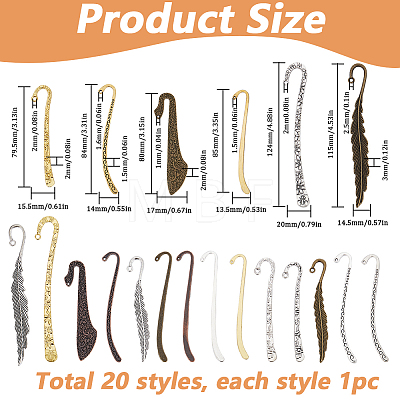 20Pcs 20 Styles Tibetan Style Alloy Bookmarks TIBE-SC0001-97-1