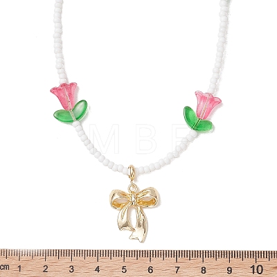 Alloy Bowknot Pendant Tulip Flower Glass Seed Beaded Necklaces for Women NJEW-MZ00148-1