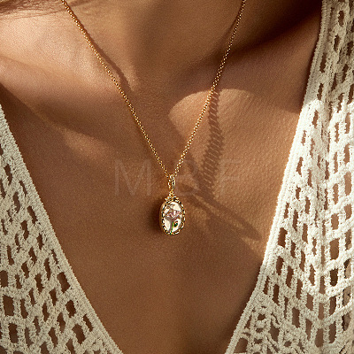 Vintage Brass Pave Clear Cubic Zirconia Enamel Oval with Flower Pendant Necklaces for Women WGF0AA9-02-1