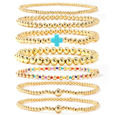 7Pcs Brass Round Beaded Bracelets for Women SB9067-11-1