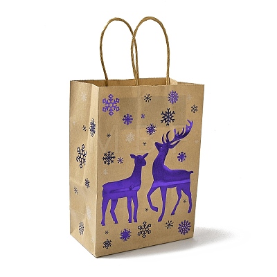 Christmas Theme Blue Printed Kraft Paper Tote Bags with Handles ABAG-B006-04E-1