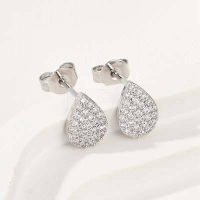 Teardrop Brass Micro Pave Clear Cubic Zirconia Stud Earrings EJEW-Z091-01P-1