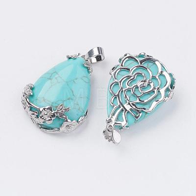Teardrop with Flower Platinum Plated Brass Dyed Synthetic Turquoise Pendants G-F228-37L-RS-1