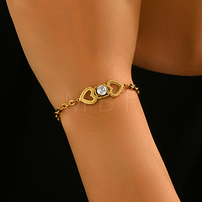Stainless Steel Heart Link Bracelets with Clear Cubic Zirconia for Women Daily Wear Gift ME3579-1